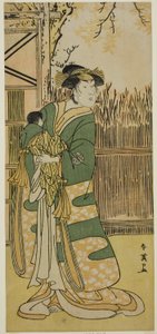 Der Schauspieler Nakayama Tomisaburo I als Lady Tokiwa (Tokiwa Gozen) im Stück Kimmenuki Genke no Kakutsuba, aufgeführt im Ichimura Theater im elften Monat, 1791 von Katsukawa Shun