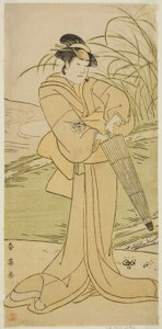 Der Schauspieler Yamashita Kinsaku II als Okaya im Stück Yomogi Fuku Noki no Tamamizu, aufgeführt im Kiri-Theater im fünften Monat, 1795