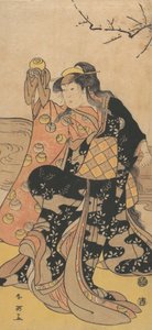Der vierte Iwai Hanshiro als Frau, die eine Kristallkugel hält und am Ufer tanzt von Katsukawa Shun