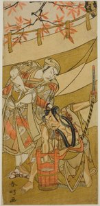 Die Schauspieler Ichikawa Raizo II als Kojiro Masahira (rechts) und Ichikawa Danzo IV als Doi no Yataro (links), im Stück Kaomise Ama no Iwato, aufgeführt im Nakamura Theater im elften Monat, 1774 von Katsukawa Shunkо̄