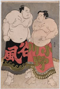 Ganzkörperporträts der Ringer Onogawa Kisaburo, rechts, und Tanizake Kajinosuke, links