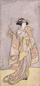 Ganzkörperporträt des Schauspielers Ichikawa Monnosuke II in einer Frauenrolle mit einem Räuchergefäß