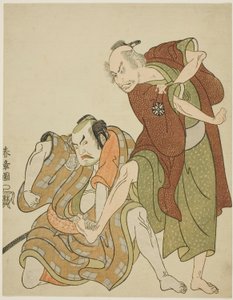Schauspieler in den Rollen von Giheiji und seinem Schwiegersohn, Danshichi Kurobei von Katsukawa Shunsho