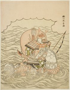 Taira no Atsumori reitet auf einem Pferd ins Meer, ca. 1770 von Katsukawa Shunsho