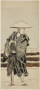 Der Schauspieler Bando Mitsugoro I als Abt Saimyo-ji Tokiyori, verkleidet als Mönch, in der Joruri "Onna Hachi no Ki" (Eine weibliche Version von "Die Topfbäume") aus dem zweiten Teil des Stücks Onna Aruji Hatsuyuki no Sekai (Eine Frau als Meister: Die Wel