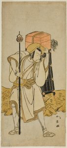 Der Schauspieler Ichikawa Danjuro V als Moriya no Daijin verkleidet als Rokuju-rokubu im Stück Miya-bashira Iwao no Butai, aufgeführt im Morita-Theater im siebten Monat, 1773