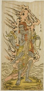 Der Schauspieler Ichikawa Danjuro V als Steinbild von Fudo Myoo im Stück Kitekaeru Nishiki no Wakayaka, aufgeführt im Nakamura Theater im elften Monat, 1780 von Katsukawa Shunsho