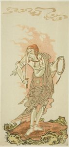 Der Schauspieler Ichikawa Danjuro V als buddhistische Gottheit Fudo in der Schlussszene aus dem ersten Teil des Stücks Fuki Kaete Tsuki mo Yoshiwara (Reedach: Der Mond scheint auch über dem Vergnügungsviertel Yoshiwara), aufgeführt im Morita-Theater ab dem