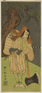 Der Schauspieler Matsumoto Koshiro II als Osada no Taro Kagemune verkleidet als Holzfäller Gankutsu no Gorozo im Stück Nue no Mori Ichiyo no Mato, aufgeführt im Nakamura-Theater im elften Monat, 1770