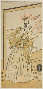 Der Schauspieler Nakamura Juzo II als Akita Jonosuke im Stück Onna Aruji Hatsuyuki no Sekai, aufgeführt im Morita-Theater im elften Monat, 1773