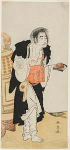 Der Schauspieler Nakamura Nakazo I als der abtrünnige Mönch Dainichibo, der Almosen erbittet, im Stück Edo Meisho Midori Soga (Berühmte Orte in Edo: Ein grüner Soga), aufgeführt im Morita-Theater ab dem fünfzehnten Tag des ersten Monats, 1779