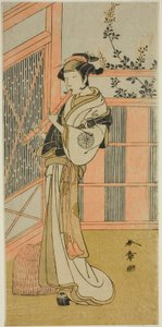 Der Schauspieler Nakamura Noshio I als Misao verkleidet als Komuso im Stück Kosode-gura no Tekubari, aufgeführt im Morita-Theater im zweiten Monat, 1772 (?)
