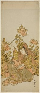 Der Schauspieler Nakamura Noshio I in einem "Shak-kyo Odori" (Steinbrückentanz), im Stück Onna Aruji Hatsuyuki no Sekai, aufgeführt im Morita Theater im elften Monat, 1773 von Katsukawa Shunsho