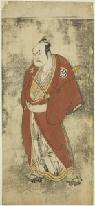 Der Schauspieler Nakamura Sukegoro II als Kaminari Shokuro im Joruri "Gonin Otoko" (Fünf ritterliche Bürger), gespielt als ein Akt im Ayatsuri Kabuki Ogi (Meisterschaft des Fächers im Kabuki), aufgeführt im Nakamura Theater ab dem zwanzigsten Tag des siebt