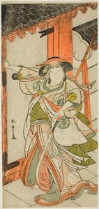 Der Schauspieler Nakamura Tomijuro I als Hangaku Gozen, der das Tor im Stück Wada-gassen Onna Maizuru (Der Wada-Konflikt: Ein Maizuru der Frau) durchbricht, aufgeführt im Nakamura-Theater ab dem fünfundzwanzigsten Tag des siebten Monats, 1777 von Katsukawa Shunsho