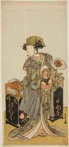 Der Schauspieler Nakamura Tomijuro I als weibliche Bohnenkuchenhändlerin Hyugaya im Stück Chigo Torii Tobiiri Kitsune, aufgeführt im Ichimura-Theater im elften Monat, 1777