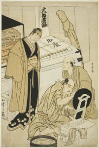 Der Schauspieler Otani Hiroji III in seiner Garderobe, assistiert von Otani Tokuji I (?) und beobachtet von Nakamura Nakazo I (?)
