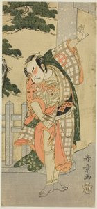 Der Schauspieler Otani Hiroji III in einer Bühnenpose (Mie) vor einem Schrein-Tor von Katsukawa Shunsho