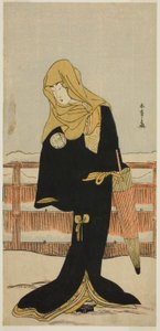 Der Schauspieler Segawa Kikunojo III als Hofdame Suho, verkleidet als Tsunokuniya Tsuna, im Stück Shitenno Tonoi no Kisewata, aufgeführt im Nakamura-Theater im elften Monat, 1781
