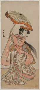 Der Schauspieler Segawa Kikunojo II tanzt mit einem Sonnenschirm, späte 1770er Jahre von Katsukawa Shunsho