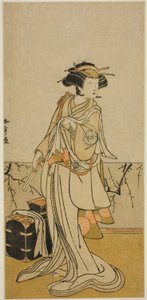 Der Schauspieler Segawa Yujiro I als Osai, eine weibliche Friseurin, im Stück Kamuri Kotoba Soga no Yukari, aufgeführt im Ichimura Theater im ersten Monat, 1776 von Katsukawa Shunsho