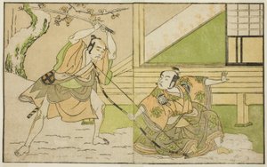 Die Schauspieler Arashi Sangoro II als Hojo Tokiyori (rechts) und Otani Hiroji III als Koga Saburo (links) im Stück Kono Hana Yotsugi no Hachi no Ki, aufgeführt im Ichimura-Theater im elften Monat, 1771