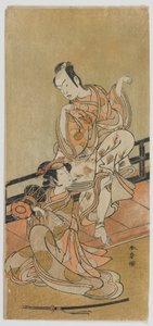 Die Schauspieler Arashi Sangoro II als Tadanobu und Segawa Kikunojo III als Shizuka Gozen im Stück Yoshitsune und die tausend Kirschbäume, Edo-Periode von Katsukawa Shunsho