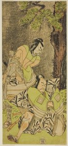 Die Schauspieler Ichikawa Danzo III als I no Hayata Tadazumi (rechts) und Matsumoto Koshiro II als Osada no Taro Kagemune (links) im Stück Nue no Mori Ichiyo no Mato, aufgeführt im Nakamura Theater im elften Monat, 1770 von Katsukawa Shunsho