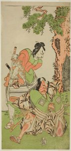 Die Schauspieler Ichikawa Danzo III als I no Hayata Tadazumi (rechts) und Matsumoto Koshiro II als Osada no Taro Kagemune verkleidet als Yatsurugi Zaemon (links), im Stück Nue no Mori Ichiyo no Mato, aufgeführt im Nakamura-Theater im elften Monat, 1770 von Katsukawa Shunsho