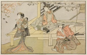 Die Schauspieler Ichikawa Yaozo II als Yoshimine no Munesada (rechts), Yoshizawa Sakinosuke III als Shizuya (Mitte) und Nakamura Matsue I als Sakuragi (links), im Stück Kuni no Hana Ono no Itsumoji, aufgeführt im Nakamura-Theater im elften Monat, 1771