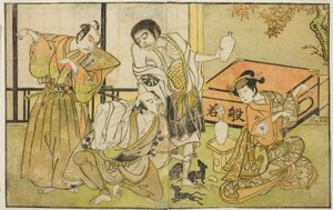 Die Schauspieler Iwai Hanshiro IV als Otatsu-gitsune, Nakamura Nakazo I als Raigo Ajari, Sakata Tojuro III als Kamada Gon-no-kami Masayori und Ichikawa Yaozo II als Sakon-gitsune (von rechts nach links), im Stück "Nue no Mori Ichiyo no Mato," aufgeführt im
