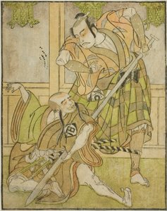 Die Schauspieler Kasaya Matakuro II als Nobuyori verkleidet als der Yakko Gunnai (rechts) und Miyazaki Hachizo als der Laienmönch Hambyo Nyudo (links), im Stück Nue no Mori Ichiyo no Mato, aufgeführt im Nakamura-Theater im elften Monat, 1770 von Katsukawa Shunsho