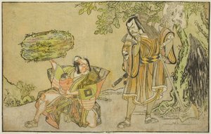 Die Schauspieler Matsumoto Koshiro II als Osada no Taro Kagemune verkleidet als Holzfäller Gankutsu no Gorozo (rechts) und Ichikawa Danzo III als I no Hayata Tadazumi (links) im Stück Nue no Mori Ichiyo no Mato, aufgeführt im Nakamura Theater im elften Mon von Katsukawa Shunsho