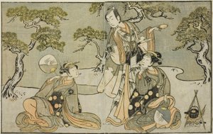 Die Schauspieler Nakamura Nakazo I als Matsukaze (rechts), Ichikawa Komazo II als Ariwara no Yukihira (Mitte) und Iwai Hanshiro IV als Murasame (links), im Stück Kuni no Hana Ono no Itsumoji, aufgeführt im Nakamura-Theater im elften Monat, 1771