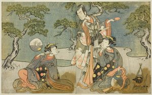 Die Schauspieler Nakamura Nakazo I als Matsukaze (rechts), Ichikawa Komazo II als Ariwara no Yukihira (Mitte) und Iwai Hanshiro IV als Murasame (links), im Stück Kuni no Hana Ono no Itsumoji, aufgeführt im Nakamura Theater im elften Monat, 1771