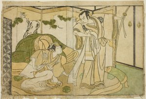 Die Schauspieler Nakamura Nakazo I als Taira no Kiyomori (rechts) und Yamashita Kinsaku II als Tokiwa Gozen (links), im Stück Nue no Mori Ichiyo no Mato, aufgeführt im Nakamura-Theater im elften Monat, 1770