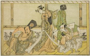 Die Schauspieler Otani Hiroji III als Kawazu no Saburo (rechts), Segawa Kikunojo II als Prinzessin Tatsu (Tatsu Hime) (Mitte) und Nakamura Sukegoro II als Matano no Goro (links), im Stück Myoto-giku Izu no Kisewata, aufgeführt im Ichimura Theater im Elften