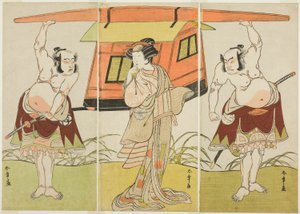 Die Schauspieler Otani Hiroji III als Yokambei (rechts), Nakamura Tomijuro I als Kuzunoha (Mitte) und Bando Mitsugoro I als Yakambei (links) in der letzten Szene des Stücks Shinodazuma (Die Frau aus dem Shinoda-Wald), aufgeführt als Ergänzung zum Stück Kik von Katsukawa Shunsho