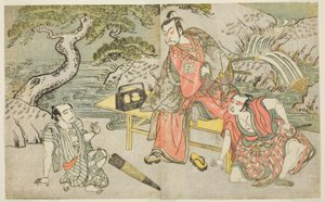 Die Schauspieler Tomizawa Hanzaburo II als Nagoya Sanzaemon (oft Sanza genannt) (rechts), Nakamura Juzo II als Fuwa Banzaemon (Mitte) und ein unbekannter Schauspieler als der Taschendieb Matsumoto Daishichi (links), im Stück Fuki Kaete Tsuki mo Yoshiwara, 