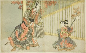 Die Schauspieler Yamashita Kinsaku II als Mutsuhana (rechts), Bando Mitsugoro I als Kashiwagi no Emon (Mitte) und Nakamura Sukegoro II als Akamatsu Mushanosuke (links), im Stück Fuki Kaete Tsuki mo Yoshiwara (Neugedecktes Dach: Der Mond scheint auch über Y