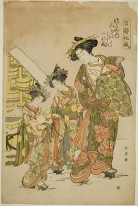 Die Kurtisane Michinoku aus dem Tsutaya-Haus mit ihren Kamuro Midare und Shinobu, aus der Serie "Kikkaku Hokufu"
