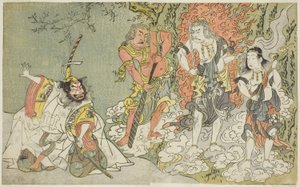 Das Stück Fuki Kaete Tsuki mo Yoshiwara, aufgeführt im Morita-Theater im elften Monat, ca. 1771-72