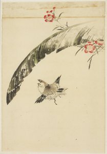Spatz und Bananenblatt und Nelken von Katsushika (school of) Hokusai