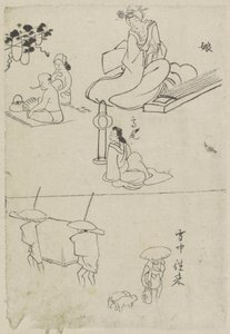 Verschiedene Darstellungen, unter anderem von einer Dame mit einem Koto, einer sitzenden Dame und zwei Männern von After Katsushika Hokusai