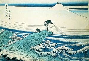 Ein Fischer, der auf einem felsigen Vorgebirge in der Provinz Kai steht, aus der Serie "36 Ansichten des Berges Fuji", veröffentlicht ca. 1830-31