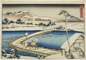 Alte Ansicht der Pontonbrücke bei Sano in der Provinz Kozuke, aus der Serie "Ungewöhnliche Ansichten berühmter Brücken in verschiedenen Provinzen"