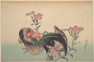 Hahn, Henne und Nadeshiko (Dianthus Superbus) von Katsushika Hokusai