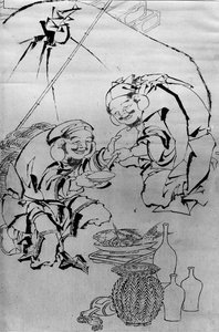 Ebisu und Daikoku feiern das Neujahrsfest, 18.-19. Jahrhundert von Katsushika Hokusai