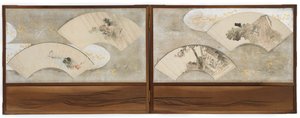 Vier Fächerbilder auf einem Bildschirm montiert von Katsushika Hokusai