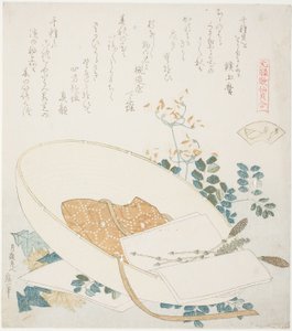 Frisch gepflückte Blumen in einem Reisendenhut, Illustration für Die Tausend-Gräser-Muschel (Chigusagai), aus der Serie "Ein Zuordnungsspiel mit Gedichtmuscheln aus der Genroku-Zeit (Genroku kasen kai awase)"